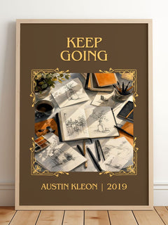 Keep Going Classic Book Art Print by Austin Kleon – framed print leaning on a wooden floor
