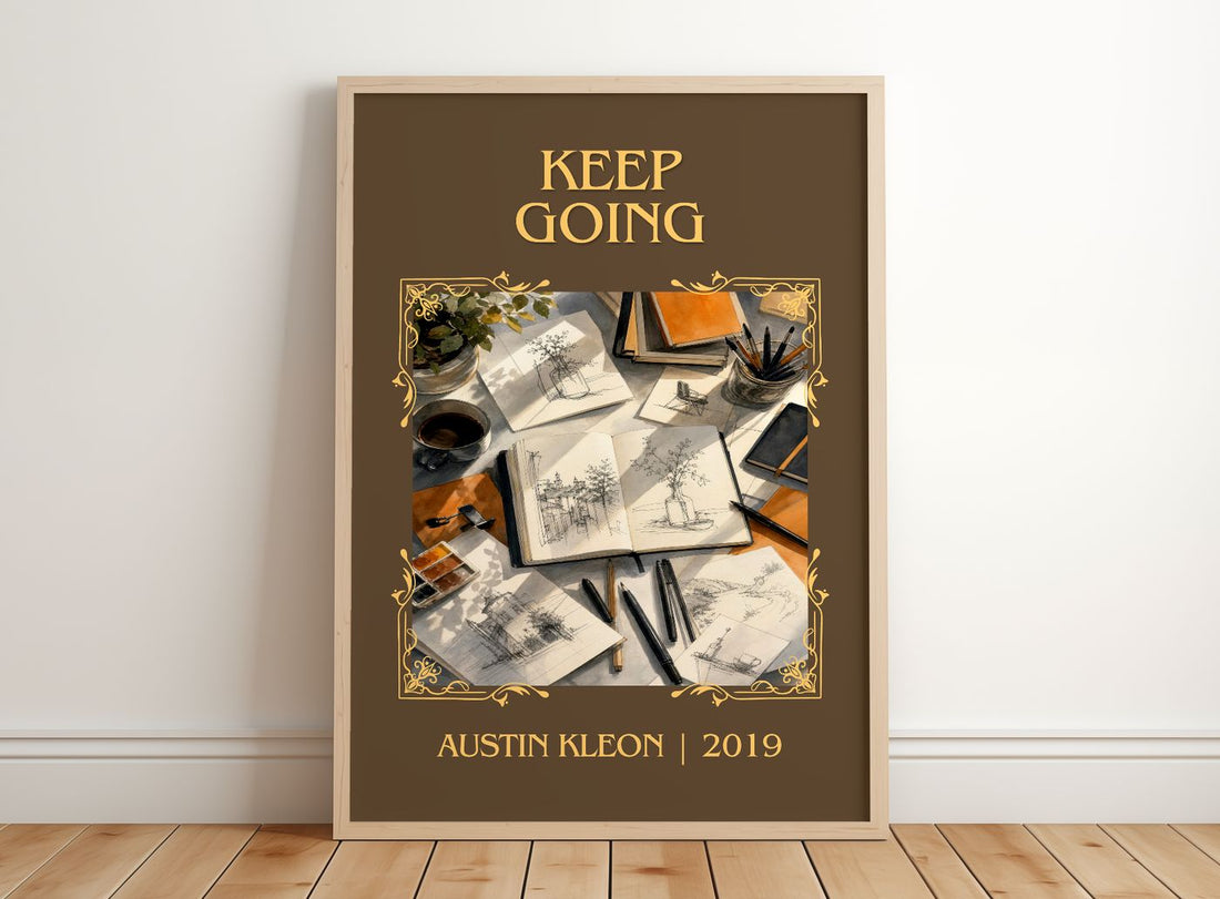 Keep Going Classic Book Art Print by Austin Kleon – framed print leaning on a wooden floor
