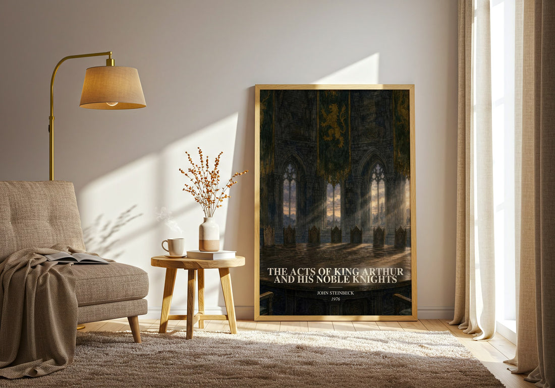 The Acts Of King Arthur And His Noble Knights watercolour print in frame leaning in hallway – fantasy wall art (mockup)
