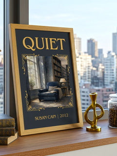 Quiet Classic Book Art Print by Susan Cain – framed print on a city-view windowsill