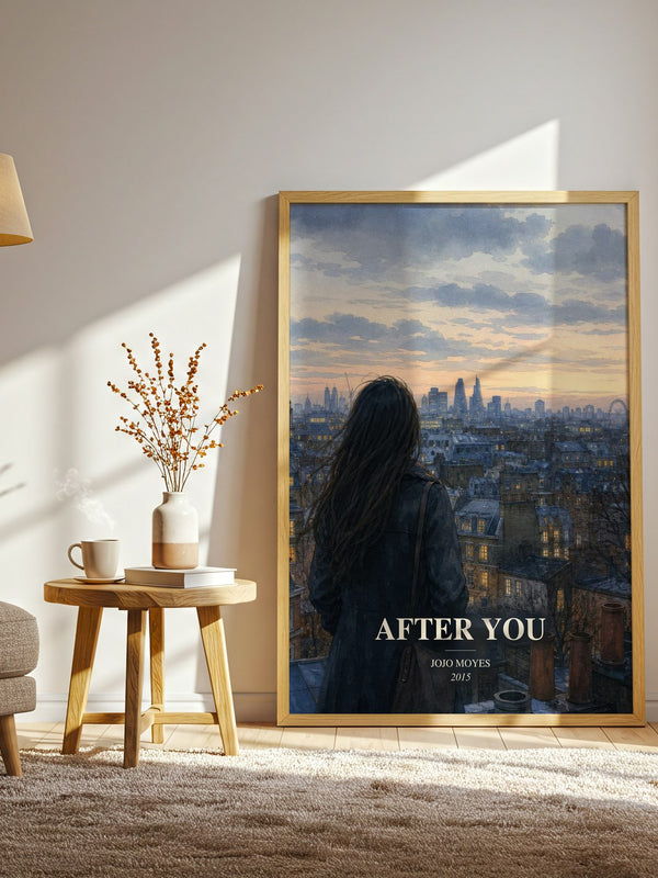 After You watercolour print in frame leaning in hallway – contemporary fiction wall art