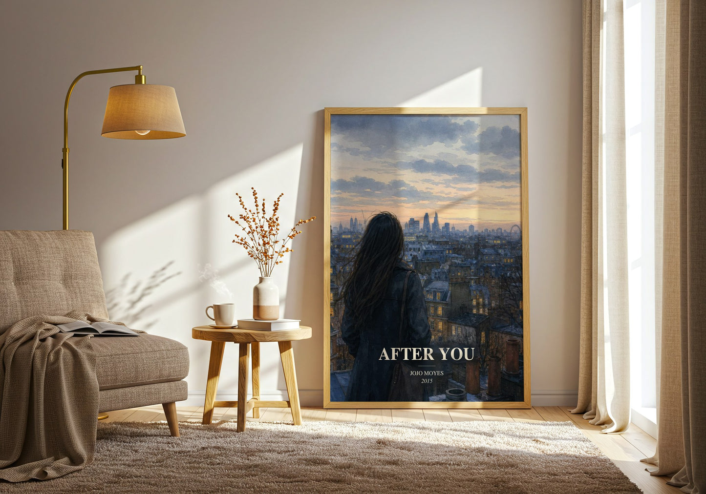 After You watercolour print in frame leaning in hallway – contemporary fiction wall art