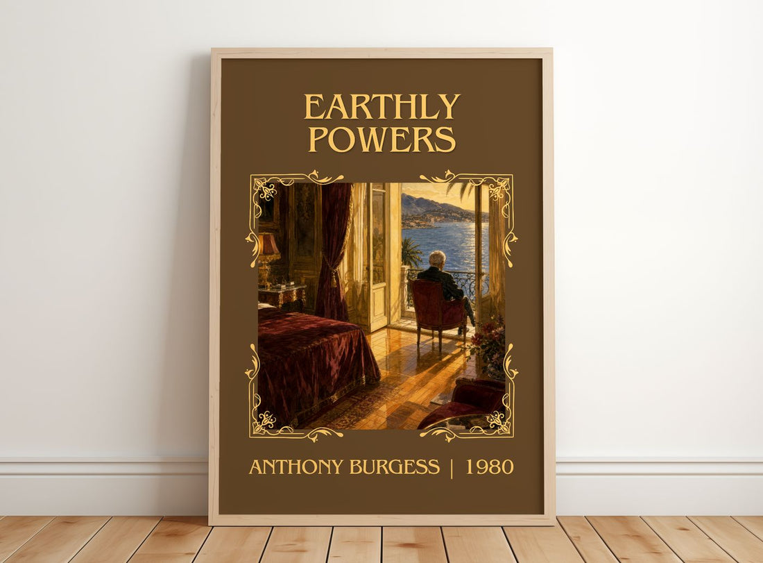 Earthly Powers Classic Book Art Print by Anthony Burgess – framed print leaning on a wooden floor