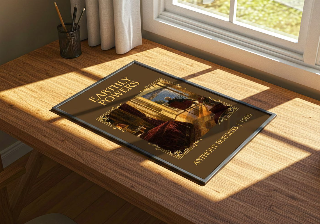 Earthly Powers Classic Book Art Print by Anthony Burgess – print on a sunlit desk