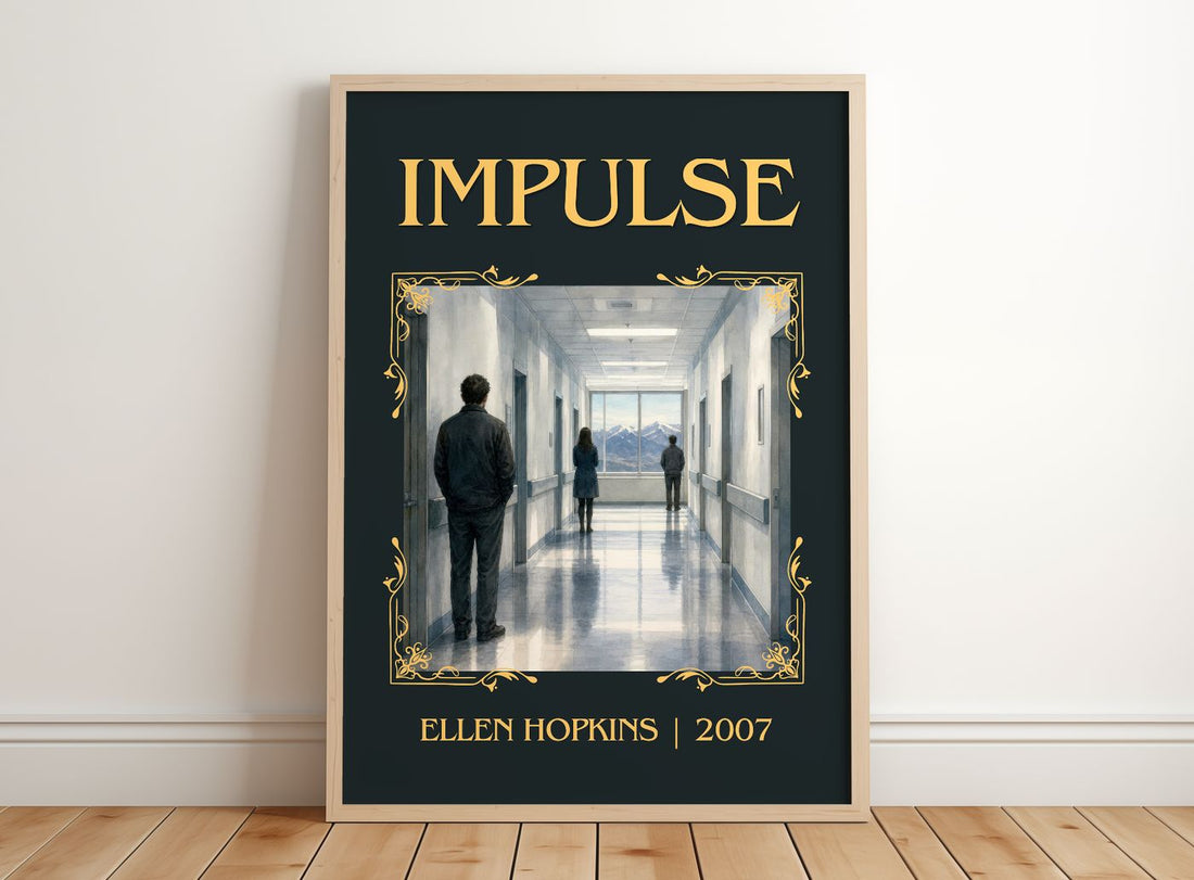 Impulse Classic Book Art Print by Ellen Hopkins – framed print leaning on a wooden floor