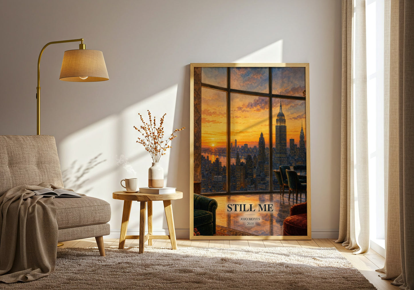 Still Me watercolour print in frame leaning in hallway – contemporary fiction wall art
