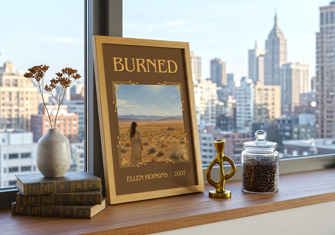 Burned Classic Book Art Print by Ellen Hopkins – framed print on a city-view windowsill