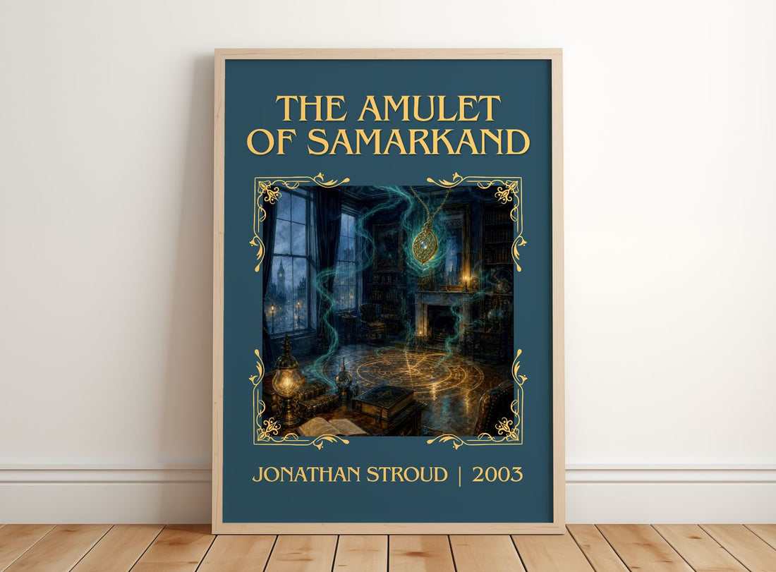 The Amulet of Samarkand Classic Book Art Print by Jonathan Stroud – framed print leaning on a wooden floor
