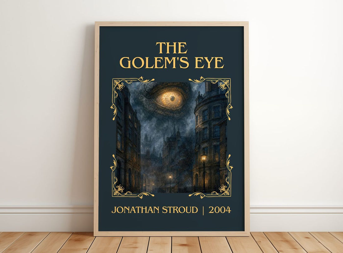 The Golem's Eye classic book art print in frame leaning in hallway – fantasy wall art