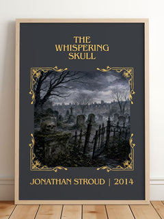 The Whispering Skull Classic Book Art Print by Jonathan Stroud – framed print leaning on a wooden floor