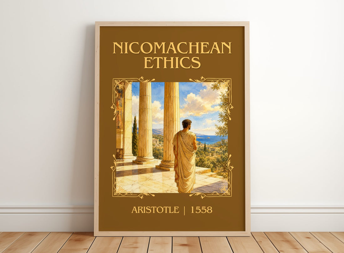Nicomachean Ethics Classic Book Art Print by Aristotle – framed print leaning on a wooden floor