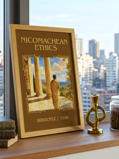 Nicomachean Ethics Classic Book Art Print by Aristotle – framed print on a city-view windowsill