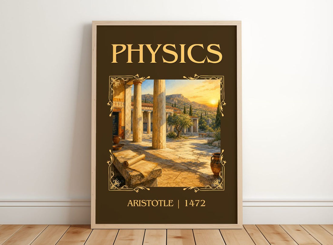 Physics classic book art print in frame leaning in hallway – philosophy wall art