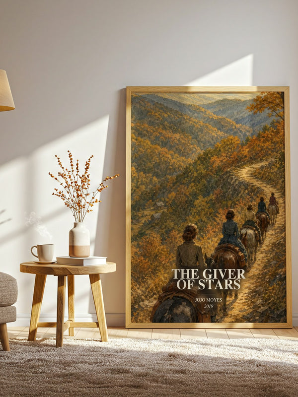 The Giver Of Stars watercolour print in frame leaning in hallway – historical fiction wall art