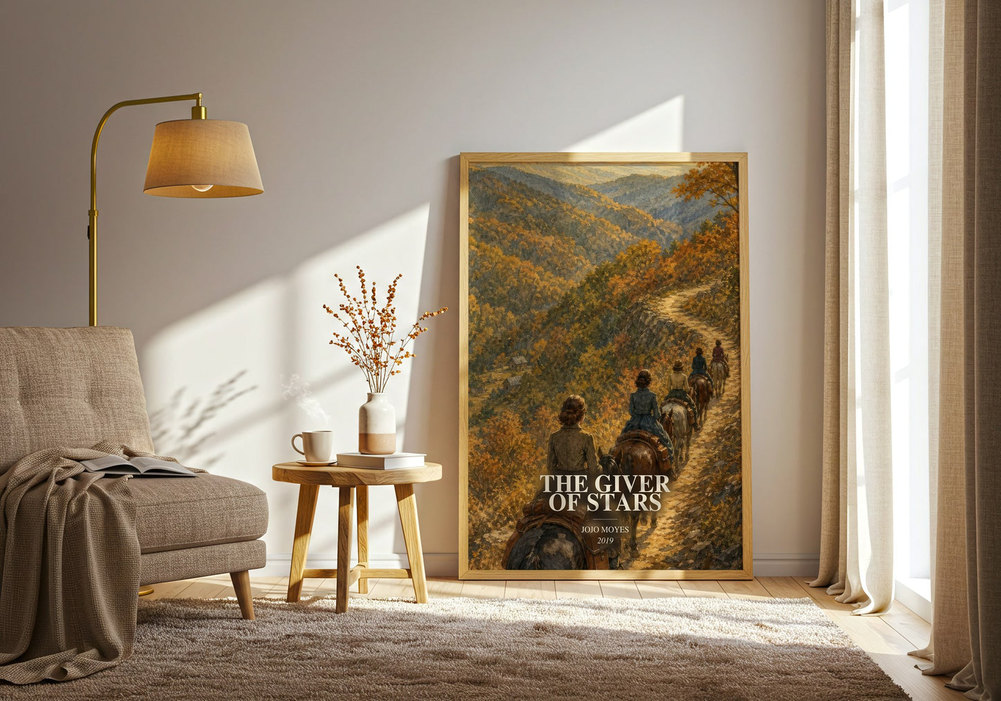 The Giver Of Stars watercolour print in frame leaning in hallway – historical fiction wall art