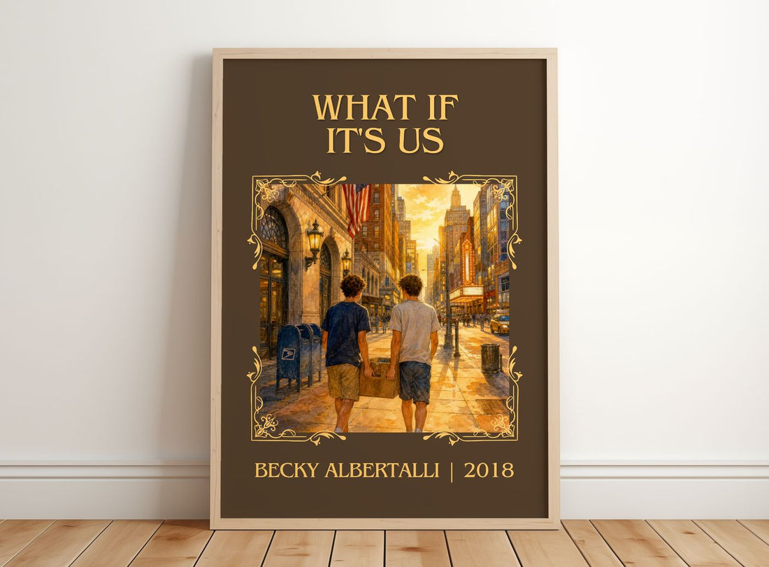 What If It's Us Classic Book Art Print by Becky Albertalli – framed print leaning on a wooden floor