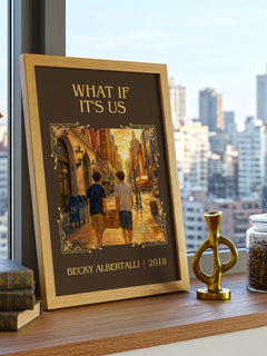 What If It's Us Classic Book Art Print by Becky Albertalli – framed print on a city-view windowsill
