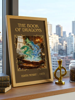 The Book of Dragons Classic Book Art Print by Edith Nesbit – framed print on a city-view windowsill
