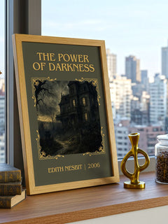 The Power of Darkness Classic Book Art Print by Edith Nesbit – framed print on a city-view windowsill