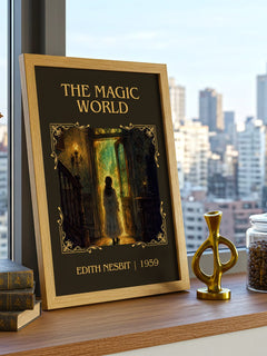The Magic World Classic Book Art Print by Edith Nesbit – framed print on a city-view windowsill
