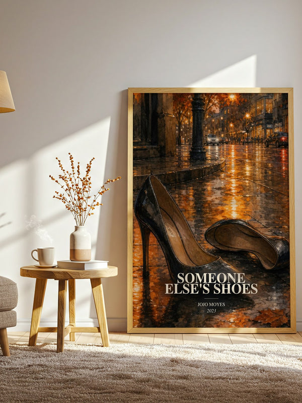 Someone Else'S Shoes watercolour print in frame leaning in hallway – contemporary fiction wall art