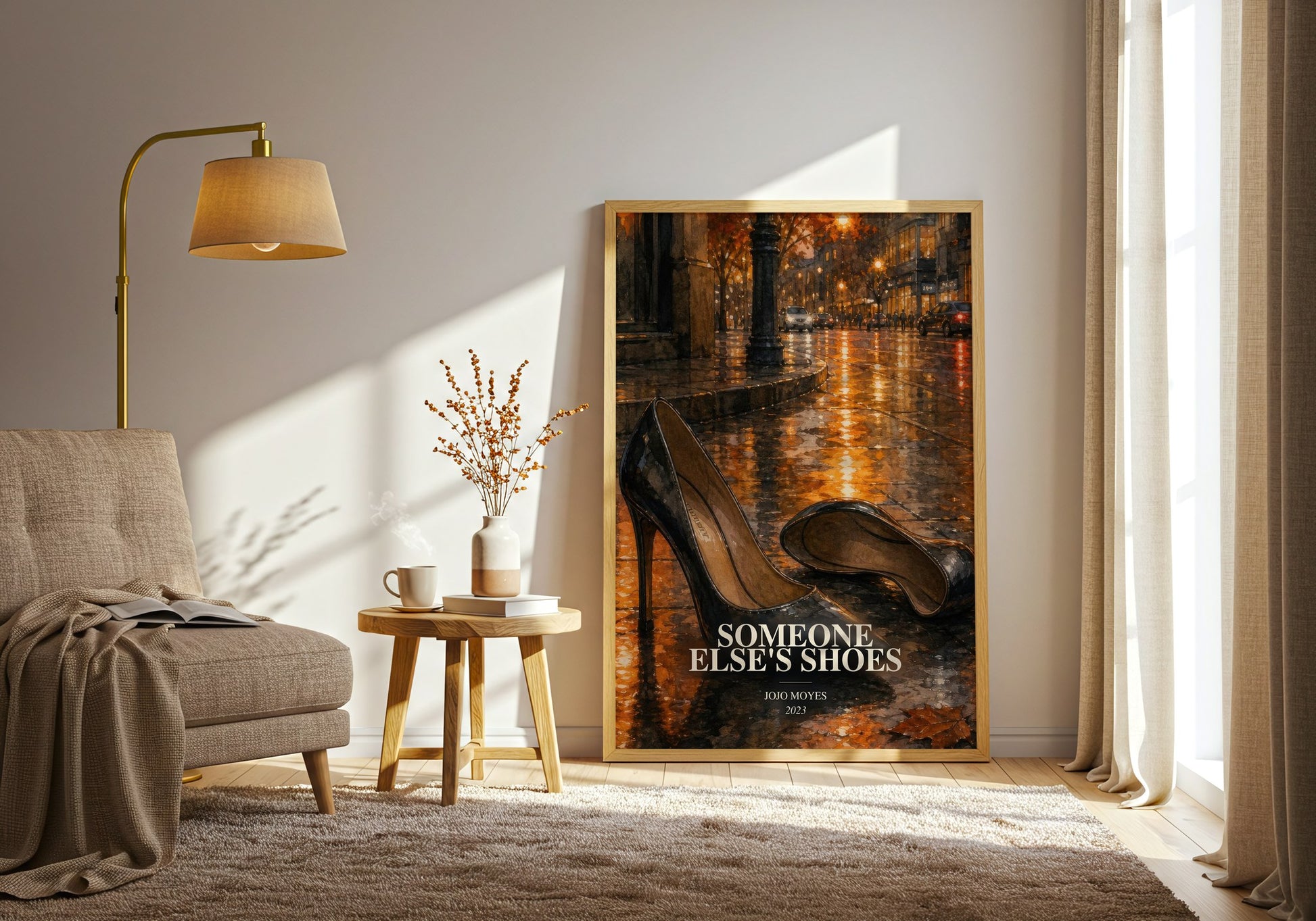 Someone Else'S Shoes watercolour print in frame leaning in hallway – contemporary fiction wall art