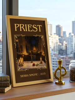 Priest Classic Book Art Print by Sierra Simone – framed print on a city-view windowsill