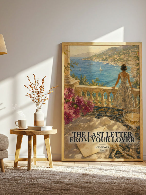The Last Letter From Your Lover watercolour print in frame leaning in hallway – romance wall art