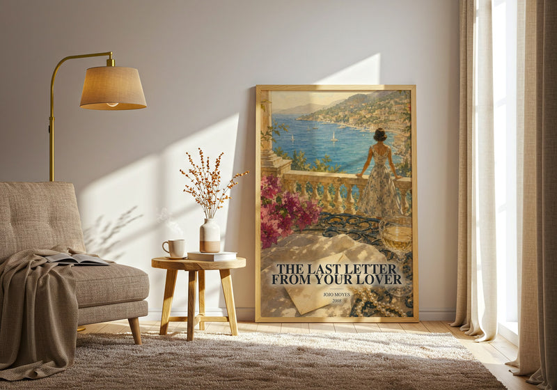 The Last Letter From Your Lover watercolour print in frame leaning in hallway – romance wall art