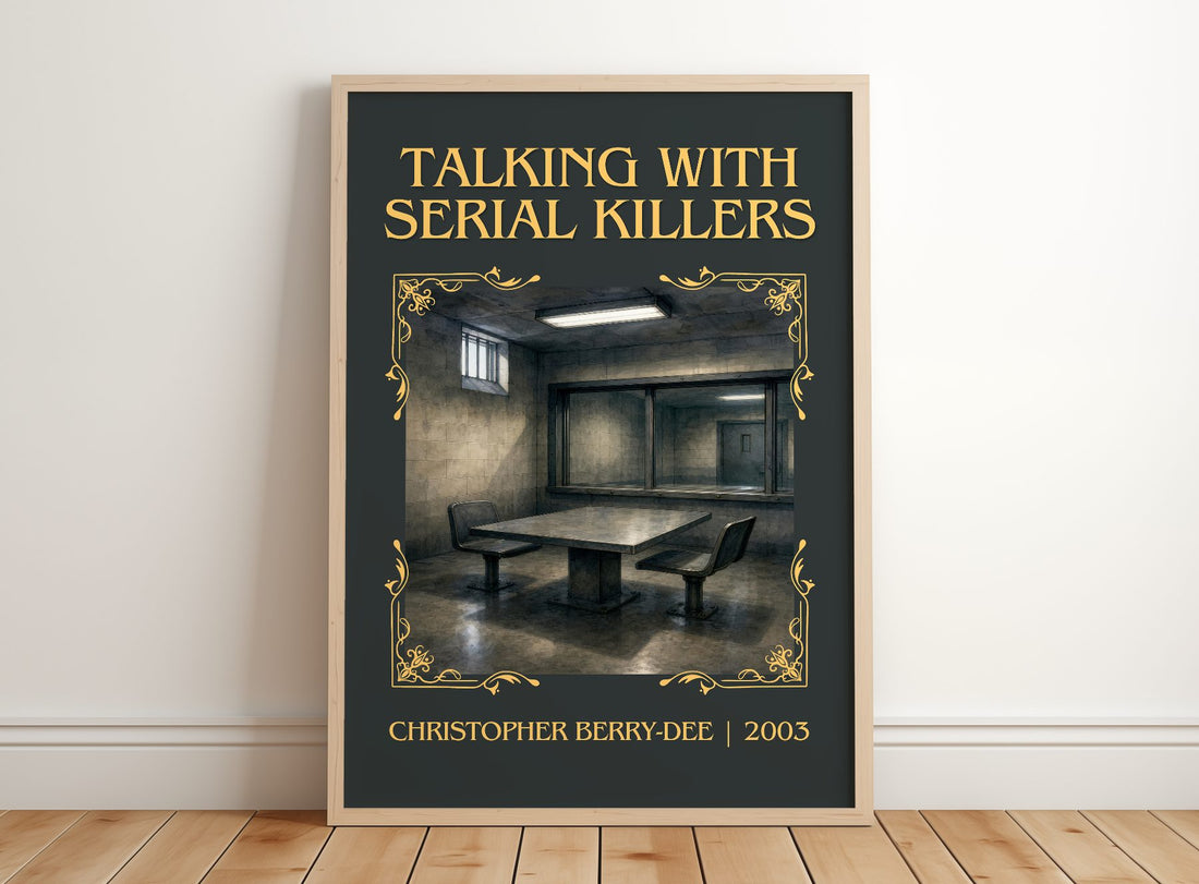Talking with Serial Killers Classic Book Art Print by C. Berry-Dee – framed print leaning on a wooden floor