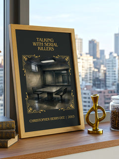 Talking with Serial Killers Classic Book Art Print by C. Berry-Dee – framed print on a city-view windowsill
