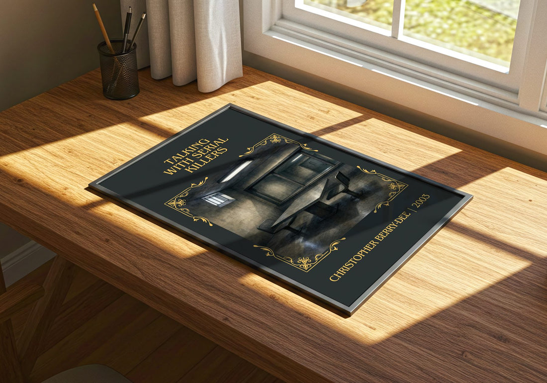 Talking with Serial Killers Classic Book Art Print by C. Berry-Dee – print on a sunlit desk