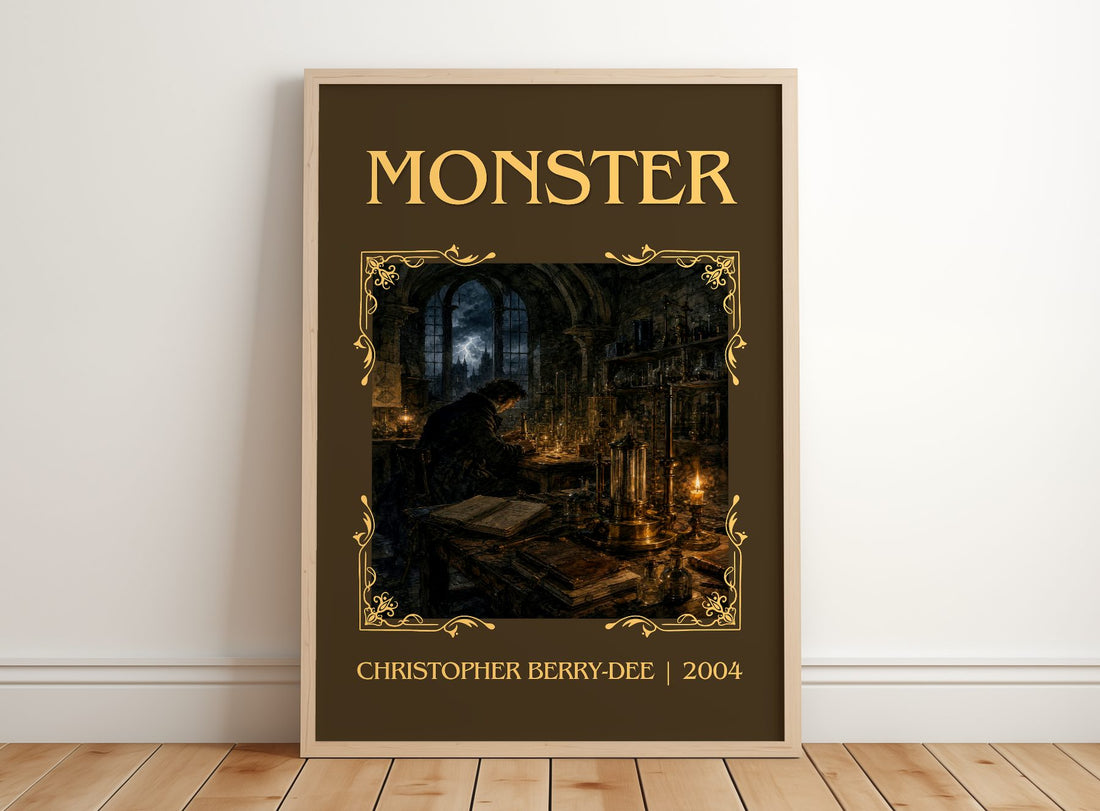 Monster Classic Book Art Print by Christopher Berry-Dee – framed print leaning on a wooden floor