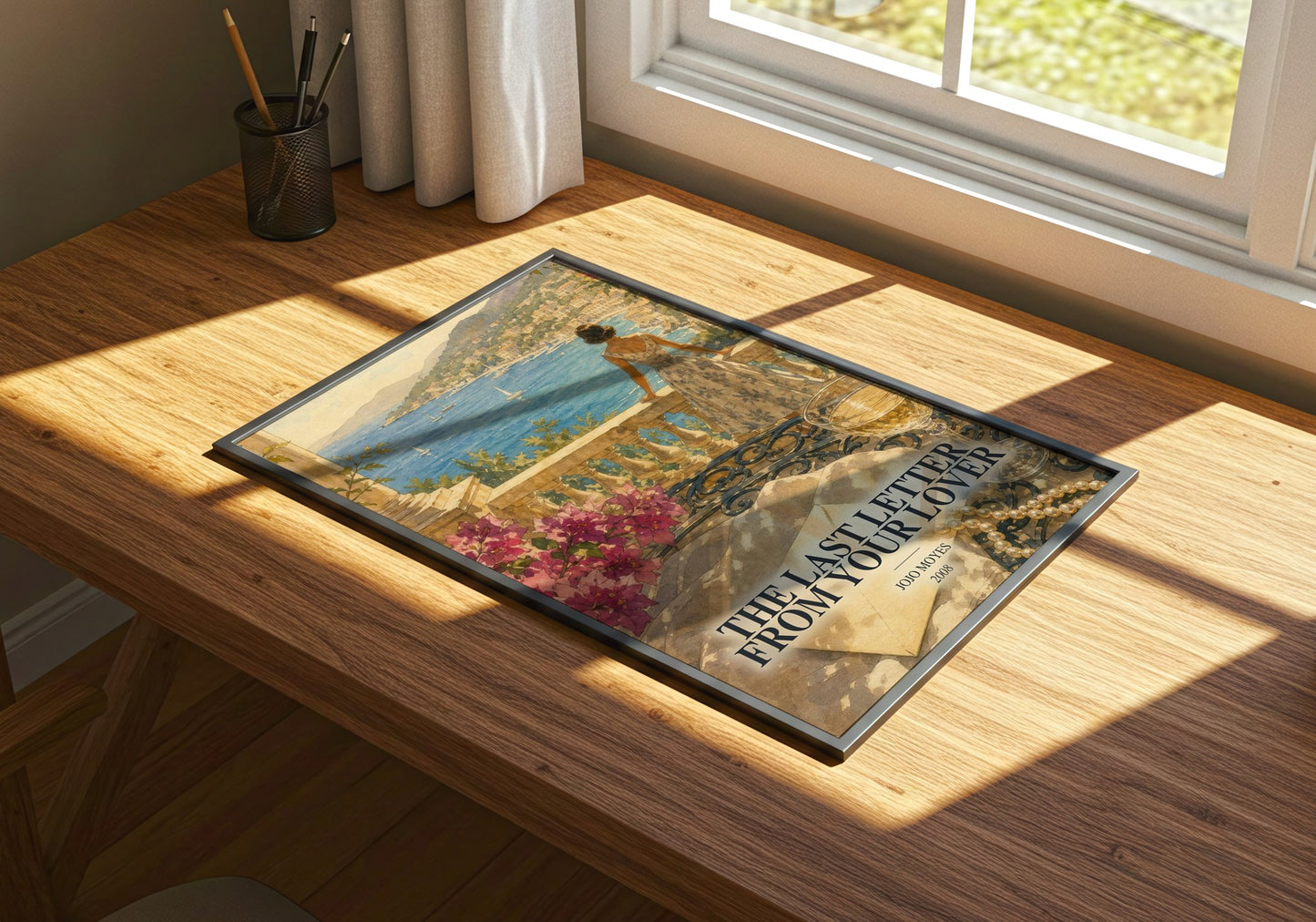 The Last Letter From Your Lover watercolour book poster framed on wall – romance wall art