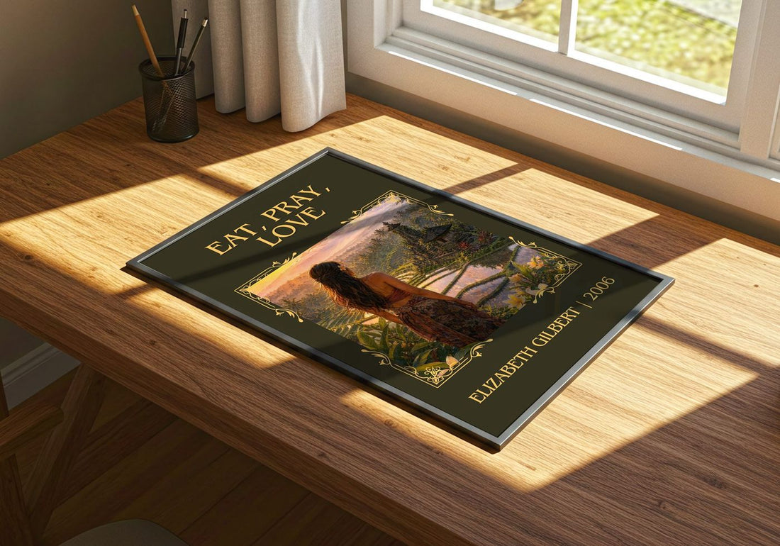 Eat, Pray, Love classic book art print framed by window – literary home decor