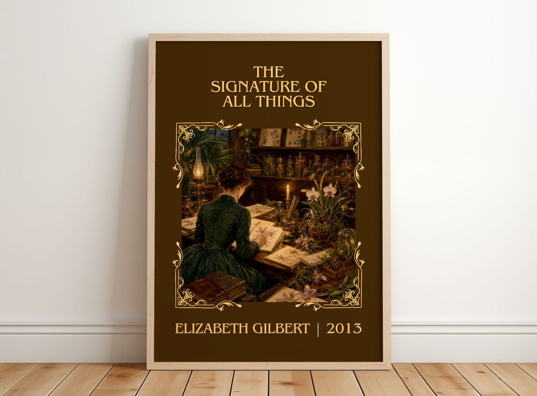 signature of all things Classic Book Art Print by Elizabeth Gilbert – framed print leaning on a wooden floor
