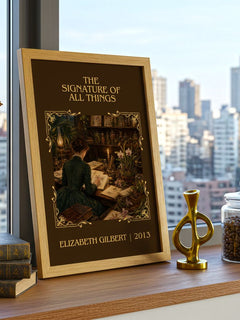 signature of all things Classic Book Art Print by Elizabeth Gilbert – framed print on a city-view windowsill