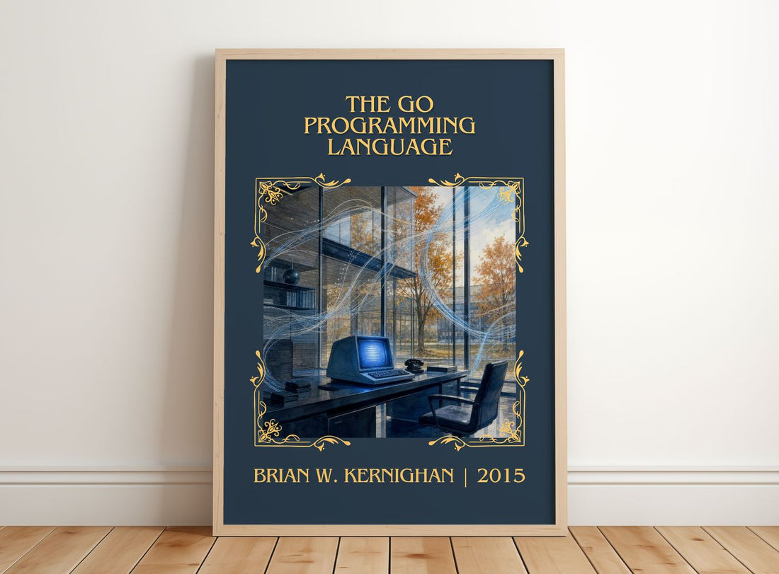 Go Programming Language Classic Book Art Print by Brian W. Kernighan – framed print leaning on a wooden floor