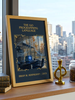 Go Programming Language Classic Book Art Print by Brian W. Kernighan – framed print on a city-view windowsill