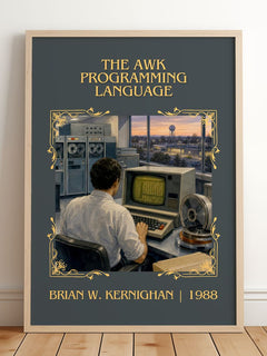 AWK programming language Classic Book Art Print by Brian W. Kernighan – framed print leaning on a wooden floor