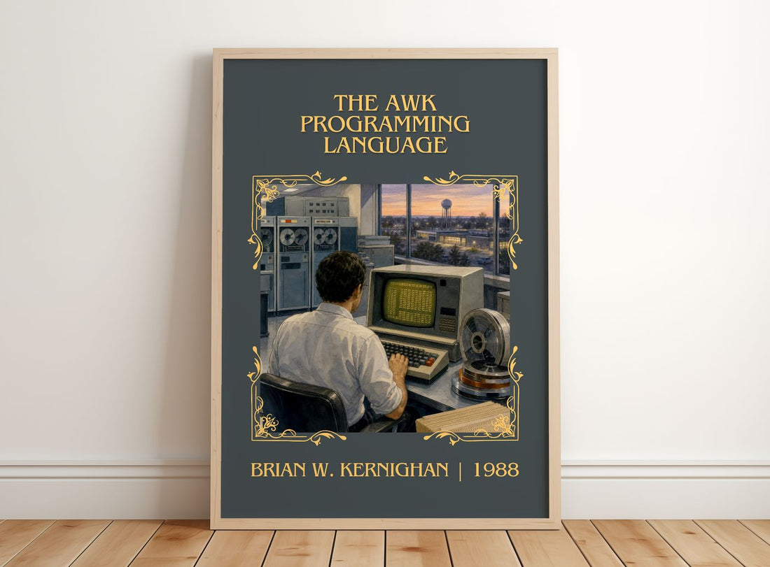 AWK programming language Classic Book Art Print by Brian W. Kernighan – framed print leaning on a wooden floor