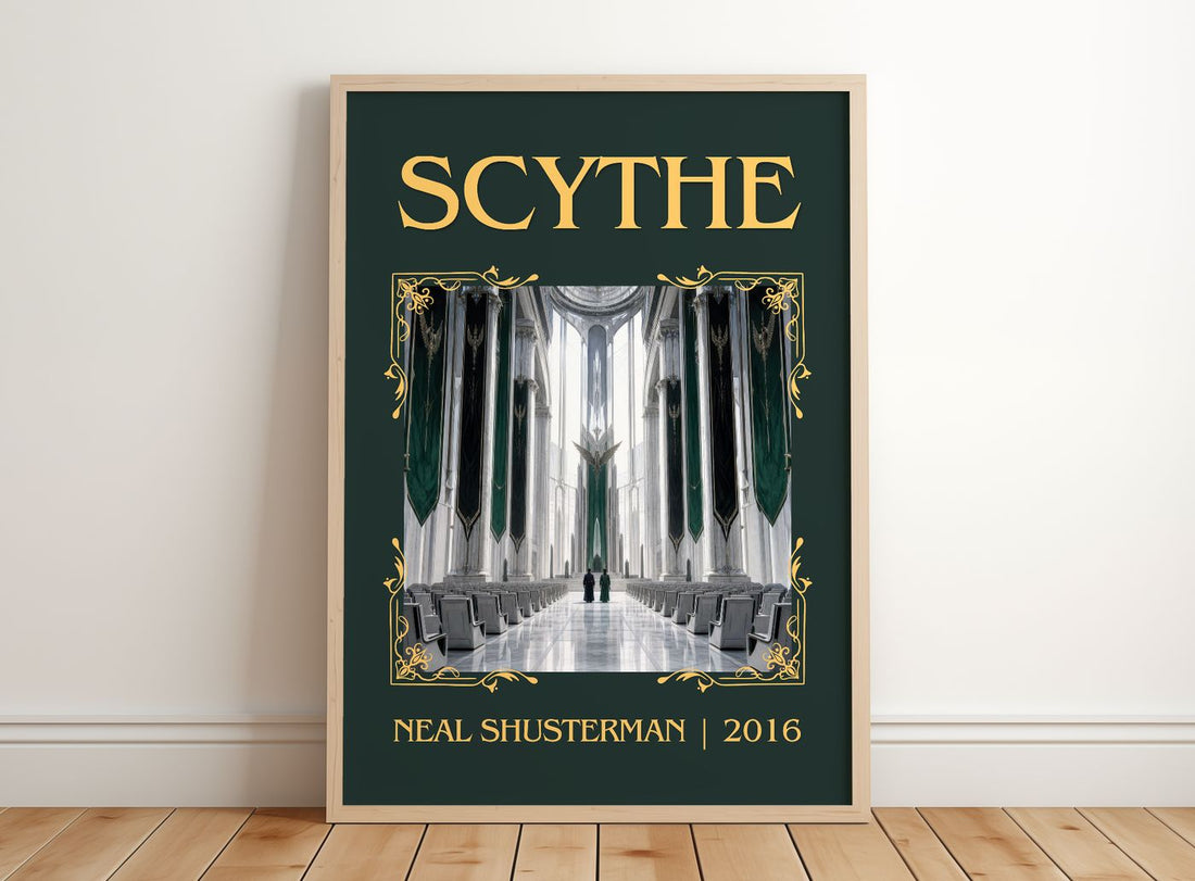 Scythe Classic Book Art Print by Neal Shusterman – framed print leaning on a wooden floor