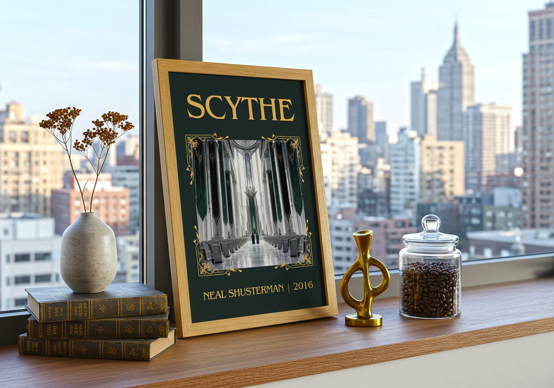 Scythe Classic Book Art Print by Neal Shusterman – framed print on a city-view windowsill