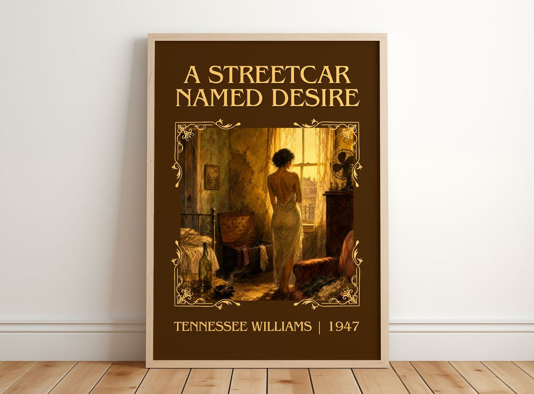 A Streetcar Named Desire Classic Book Art Print by Tennessee Williams – framed print leaning on a wooden floor