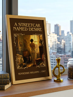 A Streetcar Named Desire Classic Book Art Print by Tennessee Williams – framed print on a city-view windowsill