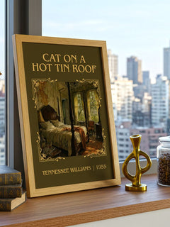 Cat on a Hot Tin Roof Classic Book Art Print by Tennessee Williams – framed print on a city-view windowsill