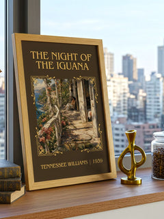 The night of the iguana Classic Book Art Print by Tennessee Williams – framed print on a city-view windowsill