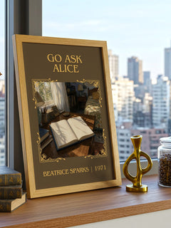 Go Ask Alice Classic Book Art Print by Beatrice Sparks – framed print on a city-view windowsill