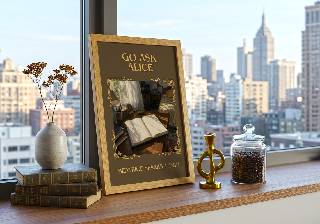 Go Ask Alice Classic Book Art Print by Beatrice Sparks – framed print on a city-view windowsill