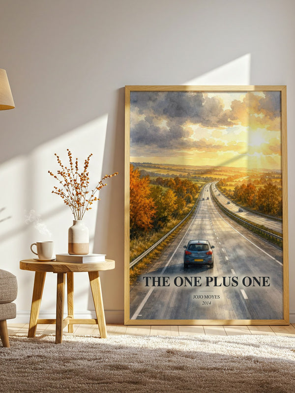 The One Plus One watercolour print in frame leaning in hallway – contemporary fiction wall art